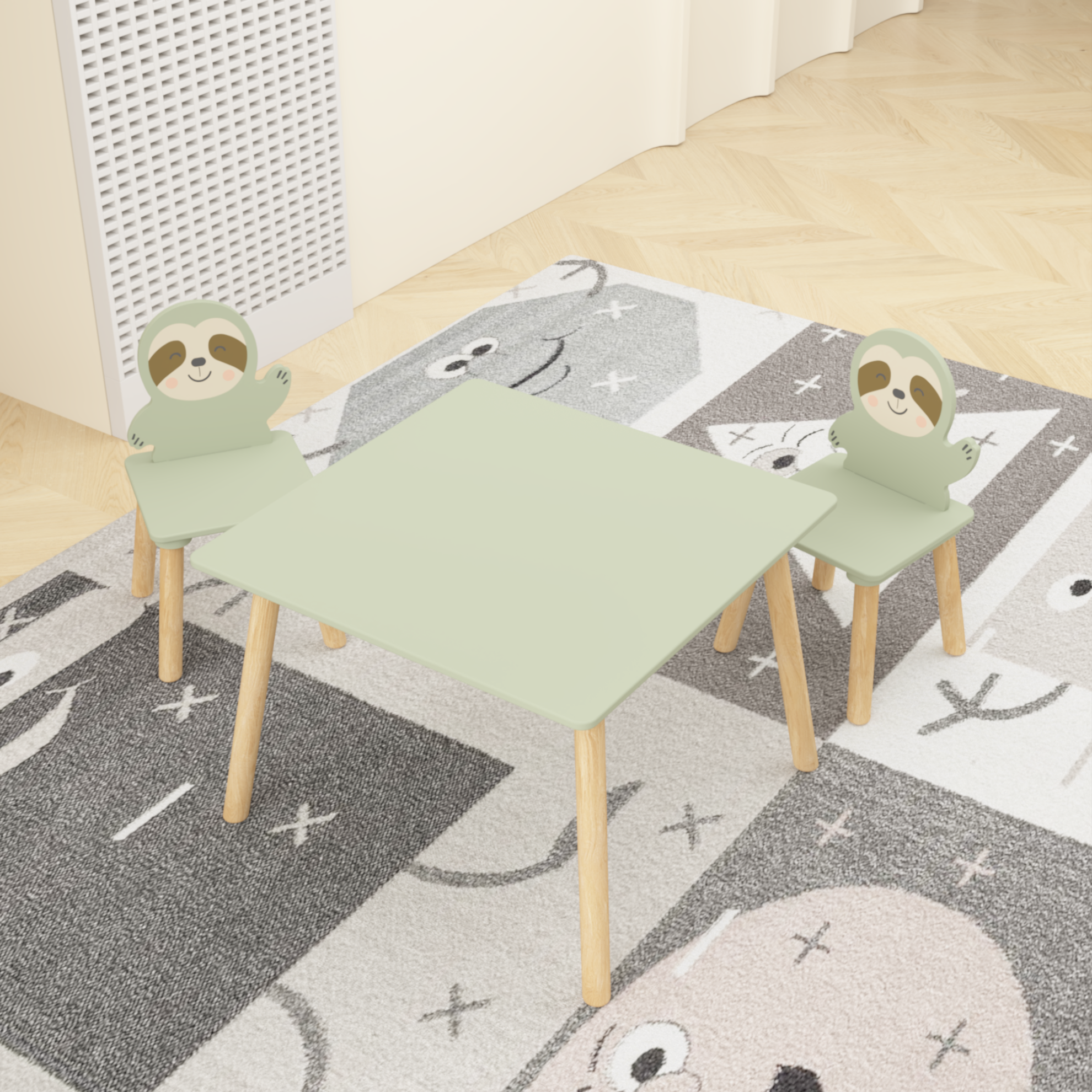 Alt View 1. Tiramisubest - Kids Table and Chair Set with 2 Cute Sloth Chairs,Wooden Toddler Activity Table,Cute Animal Design Play & Study Set - Natural Wood,Sage Green.