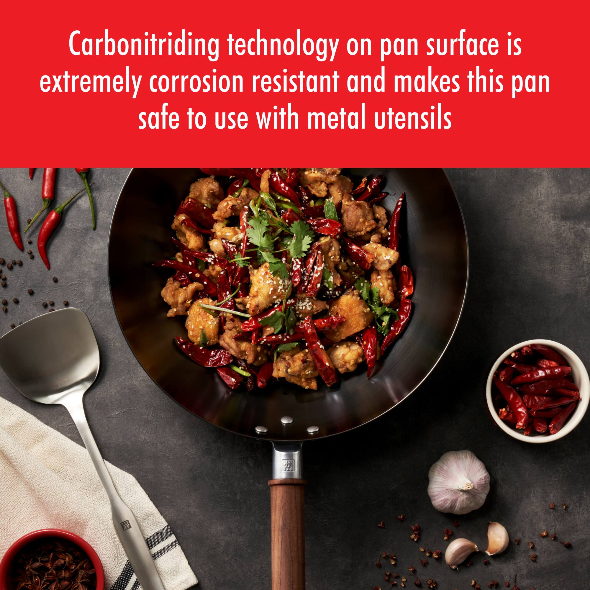 Carbonitriding technology on pan surface is extremely corrosion resistant and makes this pan safe to use with metal utensils