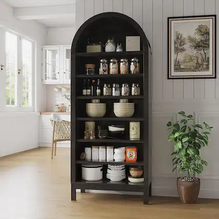 Front. Babevy - 71in Tall Dark Grey Arched Shoe Cabinet, 7-Tier Wooden Rack with Adjustable Shelves, Modern Organizer - Gray.