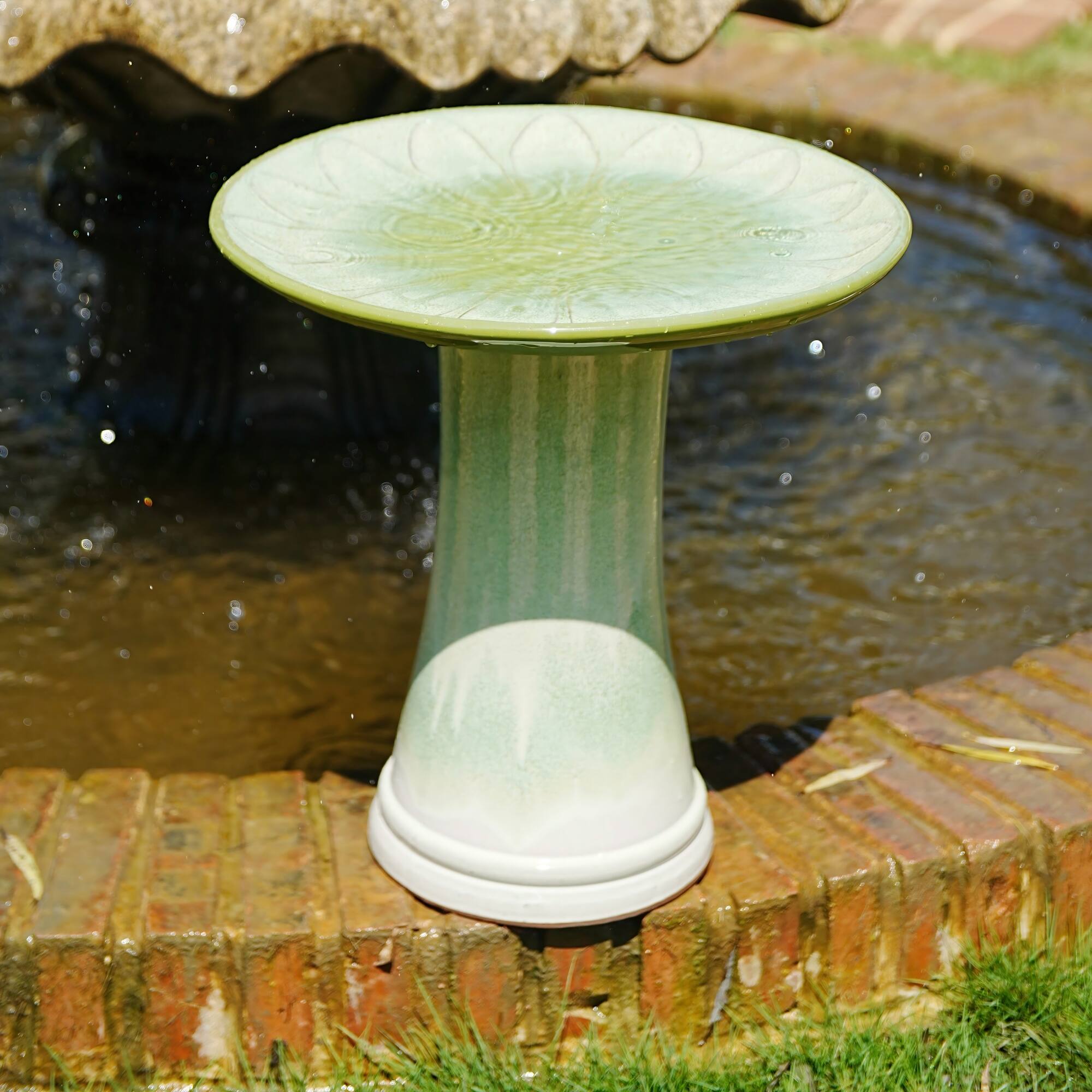 Angle. Loheer - Handmade Ceramic Bird Bath 17 Inch Green Gradient Glaze Outdoor Garden Stand Weather Resistant for Birds Bathing Feeding - Green + Ceramic.