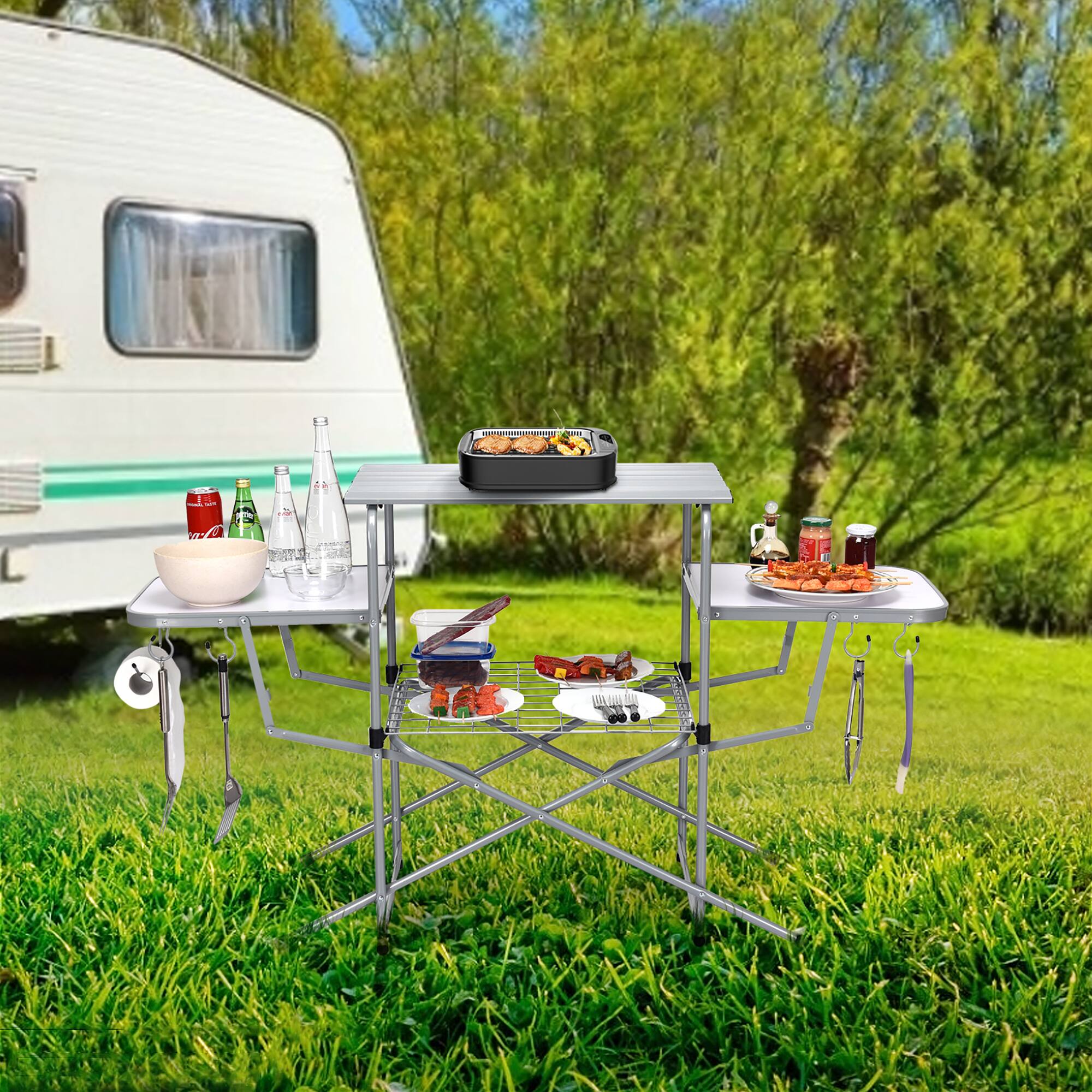 Left. Costway - Foldable Camping Table Outdoor Kitchen Portable Grilling Stand Folding BBQ Table - light gray.