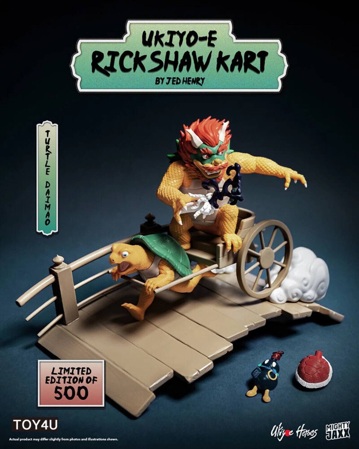 UKIYO-E RICKSHAW KART  
BY JED HENRY  

TURTLE DAIMAO  

LIMITED EDITION OF 500  

TOY4U  
Actual product may differ slightly from photos and illustrations shown.  

MIGHTY JAXX  
UKIYO-E HEROES