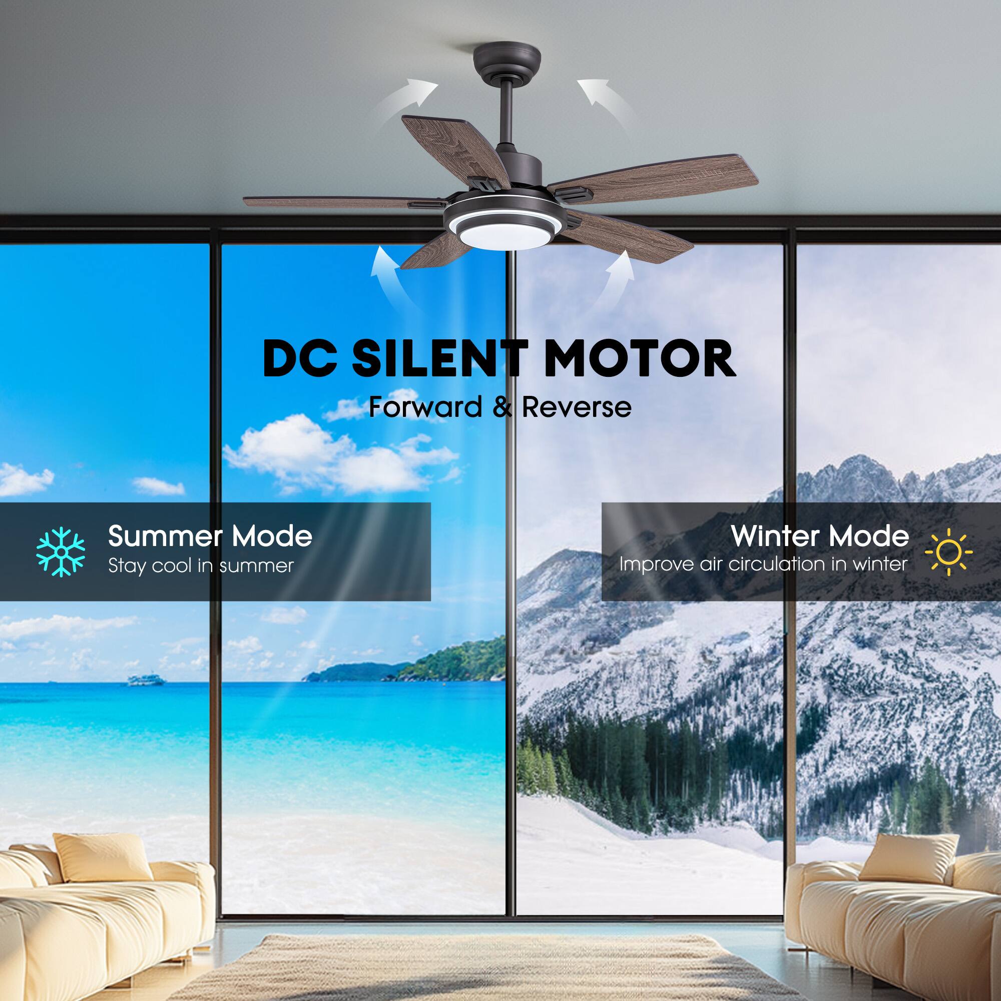 DC SILENT MOTOR  
Forward & Reverse  

Summer Mode  
Stay cool in summer  

Winter Mode  
Improve air circulation in winter