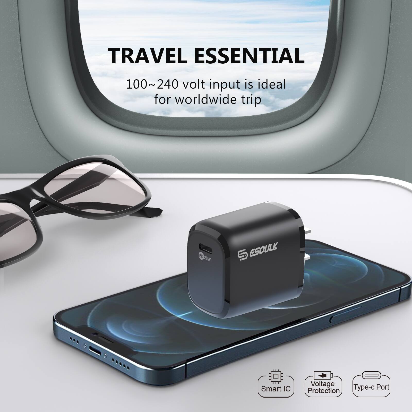 TRAVEL ESSENTIAL

100~240 volt input is ideal for worldwide trip

ESOULK

Smart IC
Voltage Protection
Type-c Port