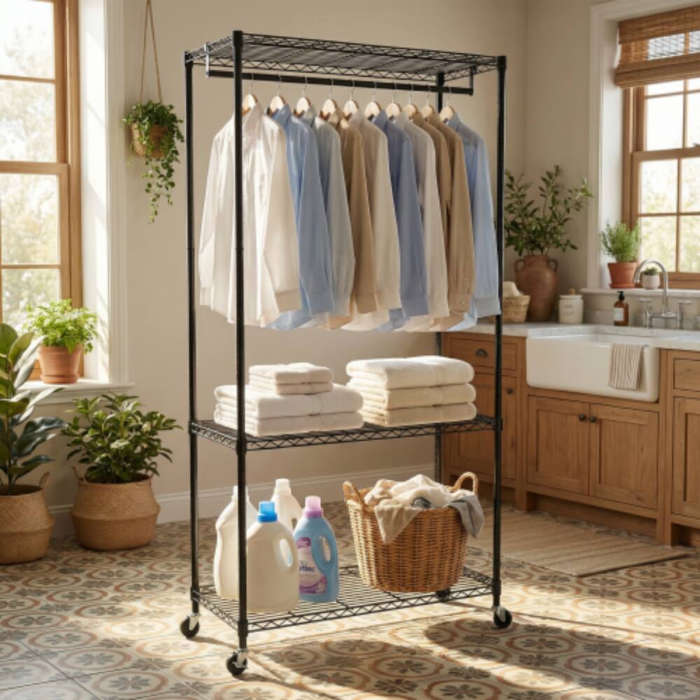 Front. LUCKY ONE - 73.2" H Heavy Duty Rolling Garment Rack w/ 3-Tier Shelves White - Black.