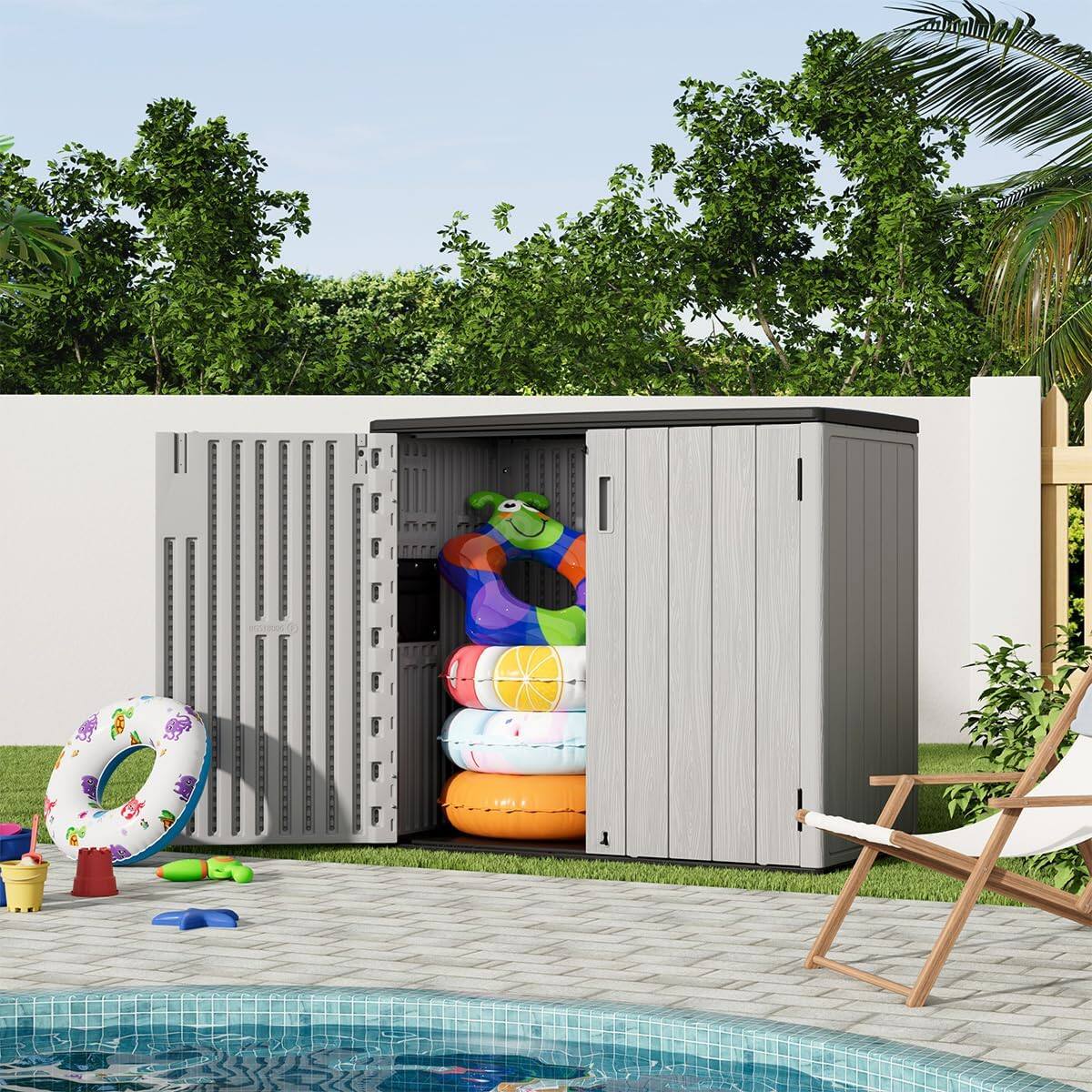 Left. Decksplore - Outdoor Vertical Storage Shed Outdoor Storage Cabinet Waterproof,Resin Sheds Outdoor Storage Clearance for Garden,Patio - Grey.