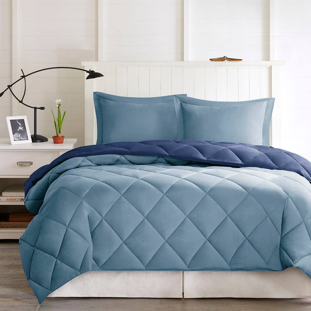 Alt View 1. Aukfa - Full/Queen Diamond Quilting Reversible Down Alternative Comforter Set - Blue.