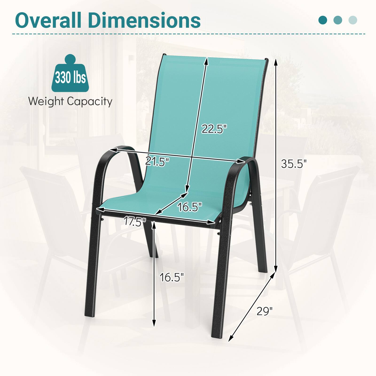 Overall Dimensions

Weight Capacity: 330 lbs

Dimensions:
- 22.5" (width)
- 21.5" (depth)
- 35.5" (height)
- 17.5" (seat height)
- 16.5" (seat depth)
- 16.5" (armrest height)
- 29" (legroom)