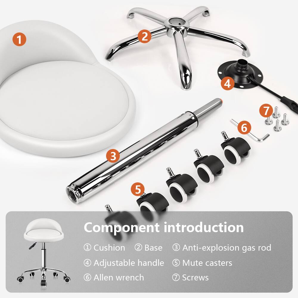 Component introduction

1. Cushion
2. Base
3. Anti-explosion gas rod
4. Adjustable handle
5. Mute casters
6. Allen wrench
7. Screws