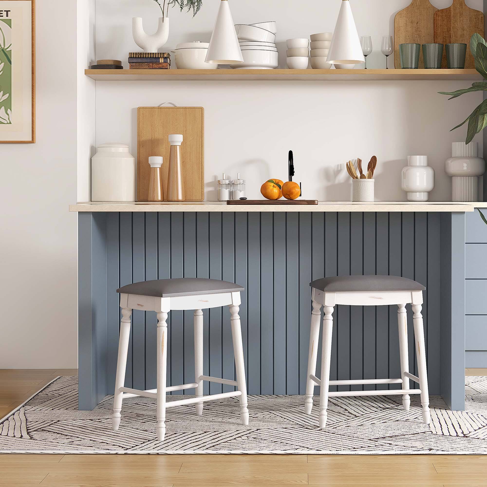 Alt View 1. Costway - 2 PCS 24" Counter Height Bar Stools Backless Bar Stools with Faux Leather Cover - White/Black.