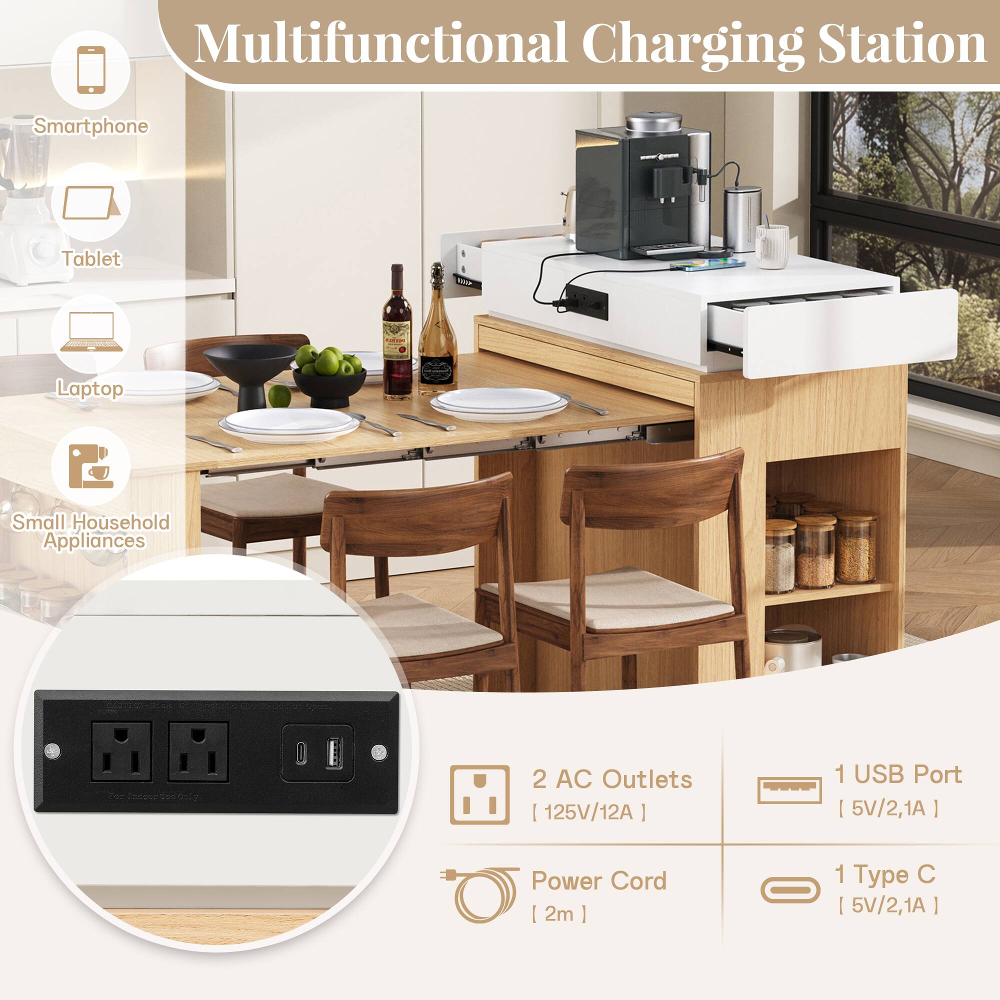 Multifunctional Charging Station Smartphone Tablet P Laptop Small Household Appliances 2 AC Outlets (125V/12A) 1 USB Port (5V/2.1A) : Power Cord (2m) : 1 Type C (5V/2.1A)