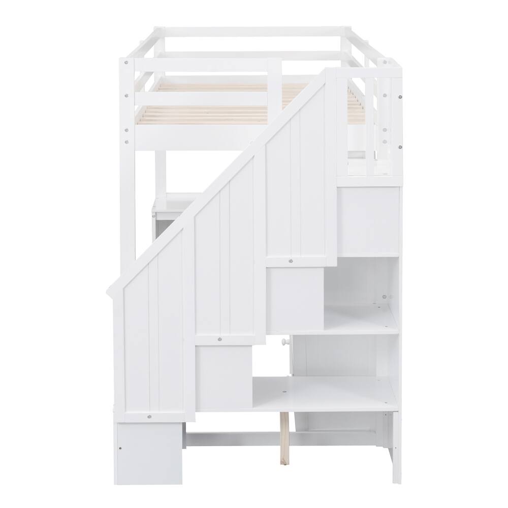 Alt View 9. Loheer - Loheer Twin Loft Bed with Desk, White Loft Bed with Storage Stairs - White.