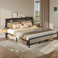 Bestier King Bed Frame Golden Stripe Headboard LED Nightstands Metal Platform No Box Spring - Gray - Front_Zoom