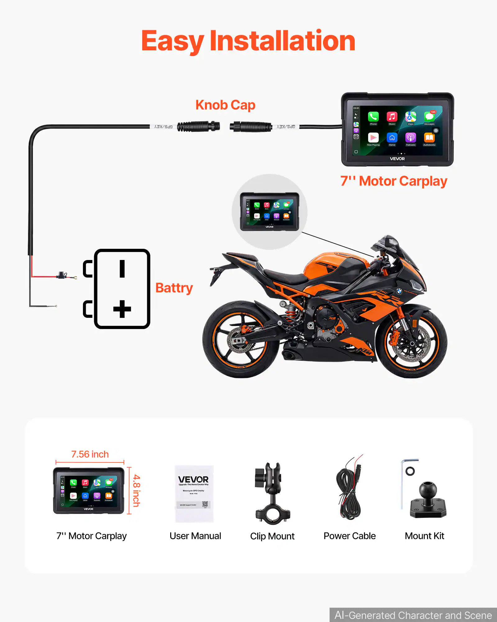 Easy Installation

Knob Cap
SPS/KEY
GPS/KEY

7" Motor Carplay

Battery

7.56 inch
4.8 inch

VEVOR - - - - - 10%

7" Motor Carplay
User Manual
Clip Mount
Power Cable
Mount Kit

AI-Generated Character and Scene