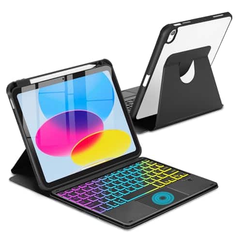 Pacoar Cade - Touchpad Case For Ipad (a16) 11th 10th Generation 360 Rotation Cover With Pencil Holder Wireless Backlit Detachable - Black-For iPad 11th A16 11 inch /10th Generation