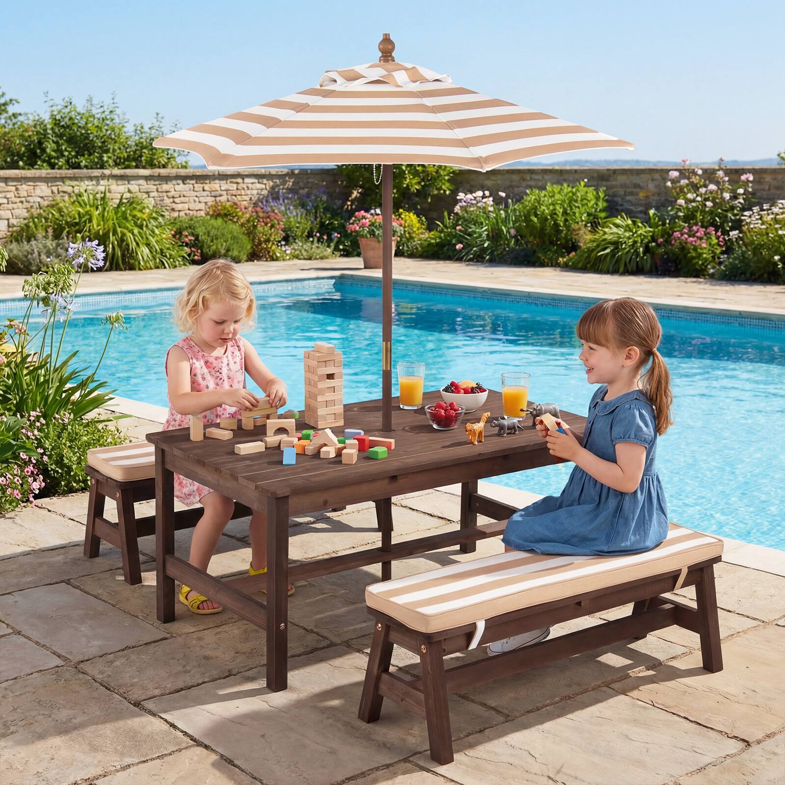 Alt View 3. Gymax - Gymax Kids Picnic Table Outdoor Wooden Table & Bench Set with Removable Umbrella - Coffee.