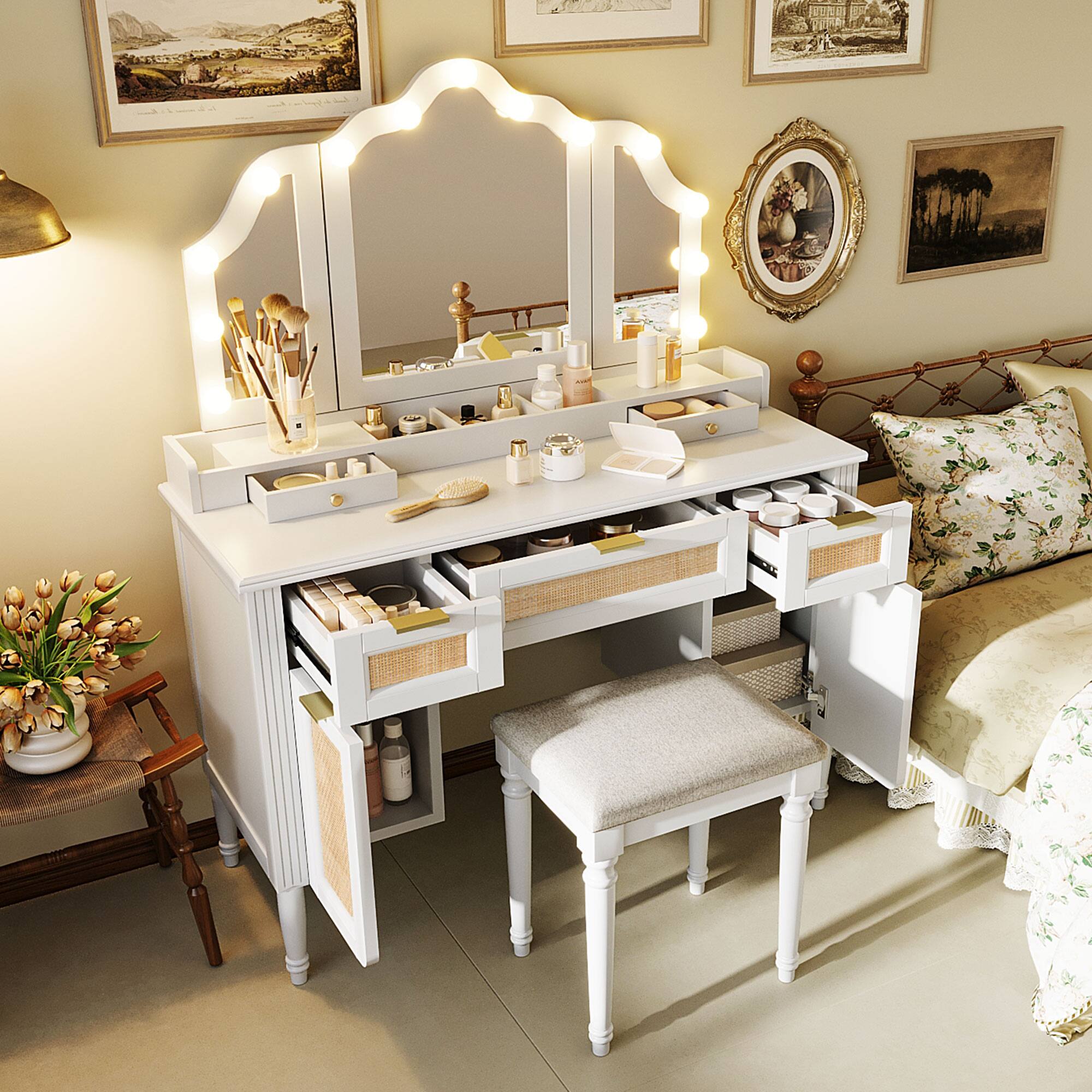 Alt View 1. COWLOWN - 44.37 Inch Vanity Desk 13 Hollywood Bulbs 3 Modes Tri Fold Mirror 5 Drawers Shelves White - White.