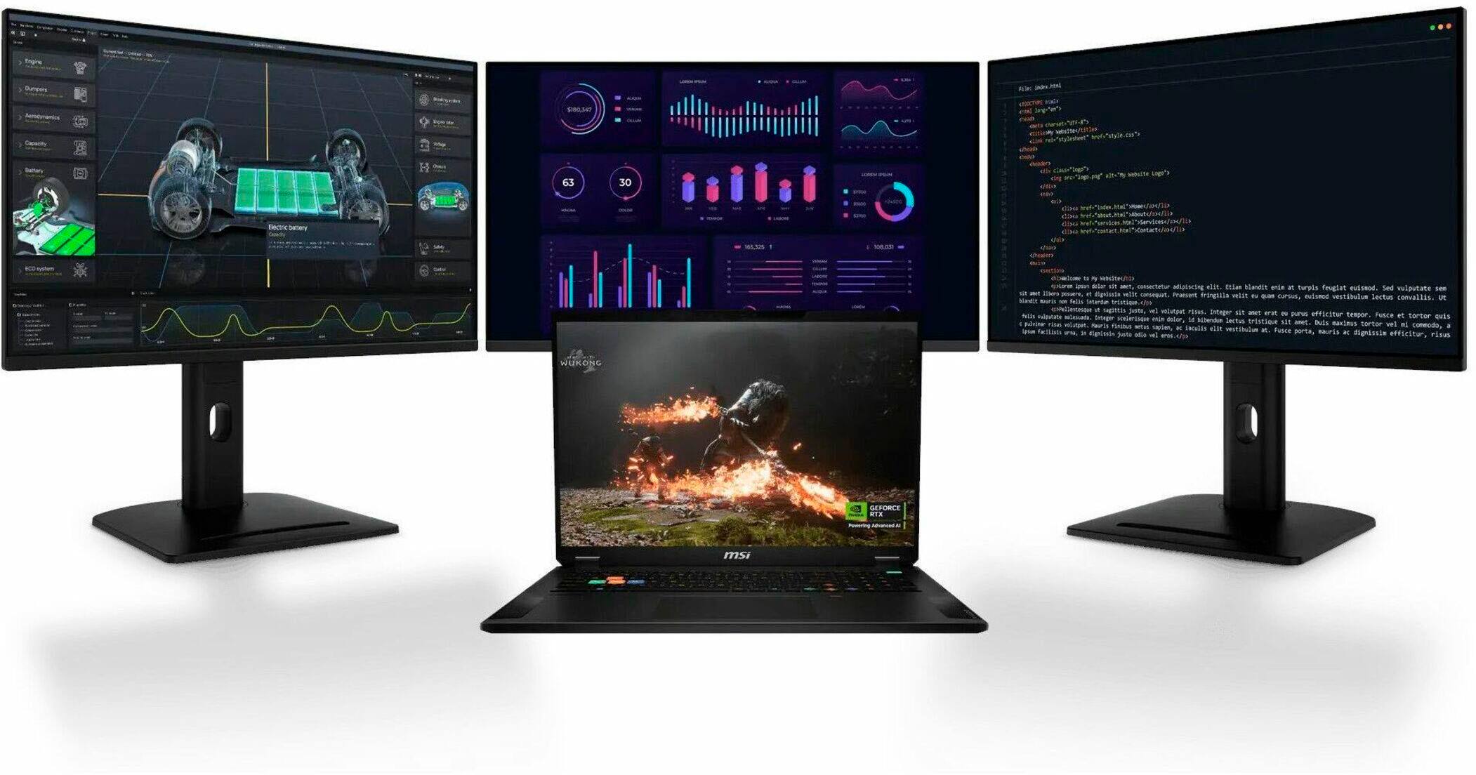 The image features a setup with three monitors, a laptop, and a keyboard. The monitors are arranged in a triangular shape, with one on the left, one in the middle, and one on the right. The laptop is placed in front of the monitors, and the keyboard is positioned in front of the laptop. The text on the image reads "SABINAT m 63 30 a% Lap's Eenc betler Saci -0 - . meilte/is Anoas asar T cserte MSKN ait. mie NLAEET ania - tureis Fouglet nulicend. Sad vulautate sa - - imuns n Rgistin WIS corour. Pranenc rigllla velit  q Crtu. nuSonc sestibudum Lcitus conallis  Nt setune Brstie-clr - gOTTIA peet, l woltpet TE Intager .T N -T are a puTus etsctar teapor. ruscE et tarr saloutate Deager arae -A CuES delor,  RENeIA lerto tristiqve AT n  midtaa e Duis Raslius tortor wel at commode, . nauria Tuaus mTE seden, - Saculis 4IR  Ssn sstibulo a Pusce porta, HaurSS a as - Keiusi hete adia - digrssia edficitar Flsus apua."