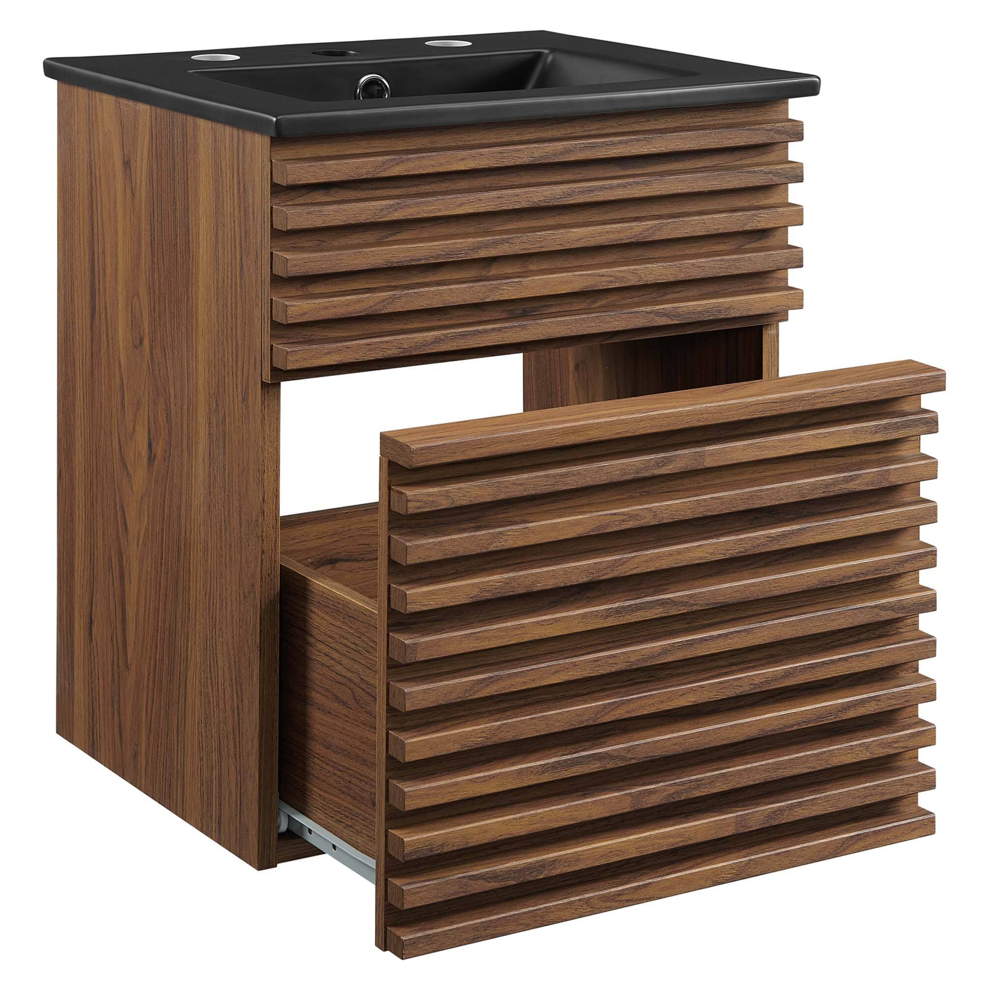 Alt View 5. Modway - Render Wall-Mount Bathroom Vanity with Black Basin Included - Walnut Black.