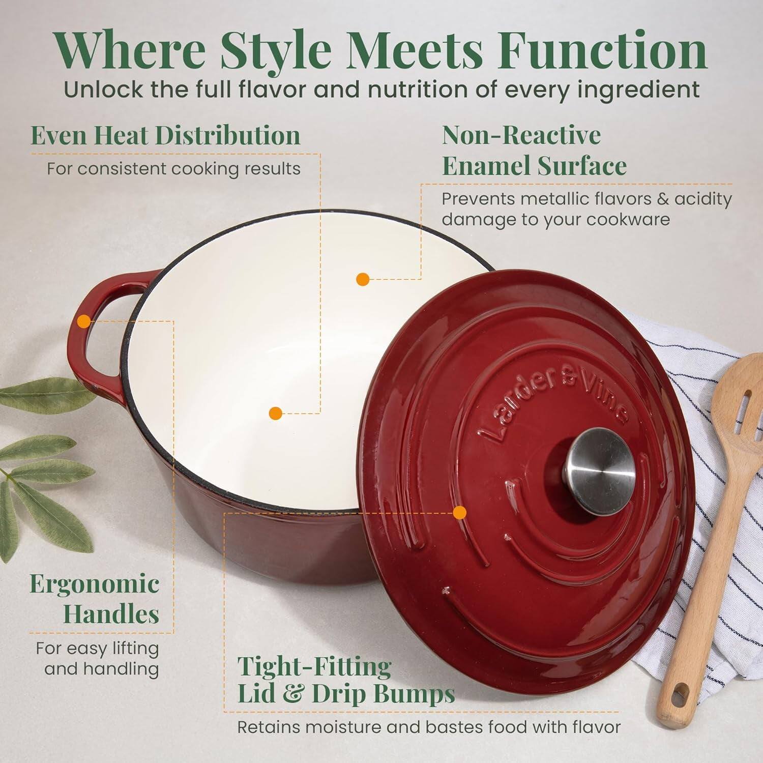 Where Style Meets Function  
Unlock the full flavor and nutrition of every ingredient  

Even Heat Distribution  
For consistent cooking results  

Non-Reactive Enamel Surface  
Prevents metallic flavors & acidity damage to your cookware  

Ergonomic Handles  
For easy lifting and handling  

Tight-Fitting Lid & Drip Bumps  
Retains moisture and bastes food with flavor