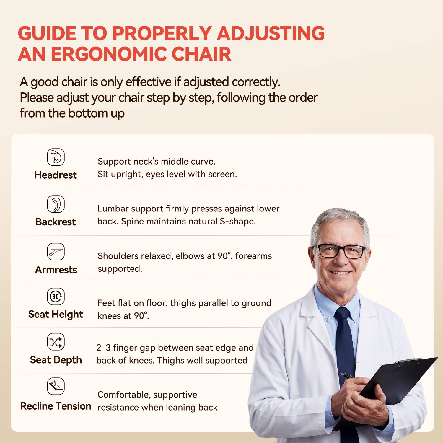 **GUIDE TO PROPERLY ADJUSTING AN ERGONOMIC CHAIR**

A good chair is only effective if adjusted correctly. Please adjust your chair step by step, following the order from the bottom up.

- **Headrest**: Support neck's middle curve. Sit upright, eyes level with screen.
- **Backrest**: Lumbar support firmly presses against lower back. Spine maintains natural S-shape.
- **Armrests**: Shoulders relaxed, elbows at 90°, forearms supported.
- **Seat Height**: Feet flat on floor, thighs parallel to ground, knees at 90°.
- **Seat Depth**: 2-3 finger gap between seat edge and back of knees. Thighs well supported.
- **Recline Tension**: Comfortable, supportive resistance when leaning back.