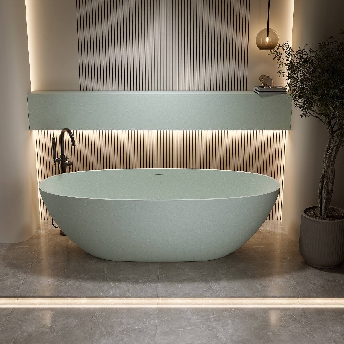 Front. Loheer - Loheer Freestanding Solid Surface Soaking Bathtub, 67 Inch Stone Resin Oval Tub with Overflow and Pop Up Drain - Turquoise Green.