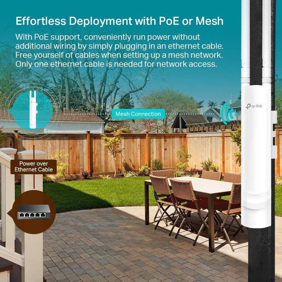 Effortless Deployment with PoE or Mesh

With PoE support, conveniently run power without additional wiring by simply plugging in an ethernet cable. Free yourself of cables when setting up a mesh network. Only one ethernet cable is needed for network access.

Mesh Connection

Power over Ethernet Cable