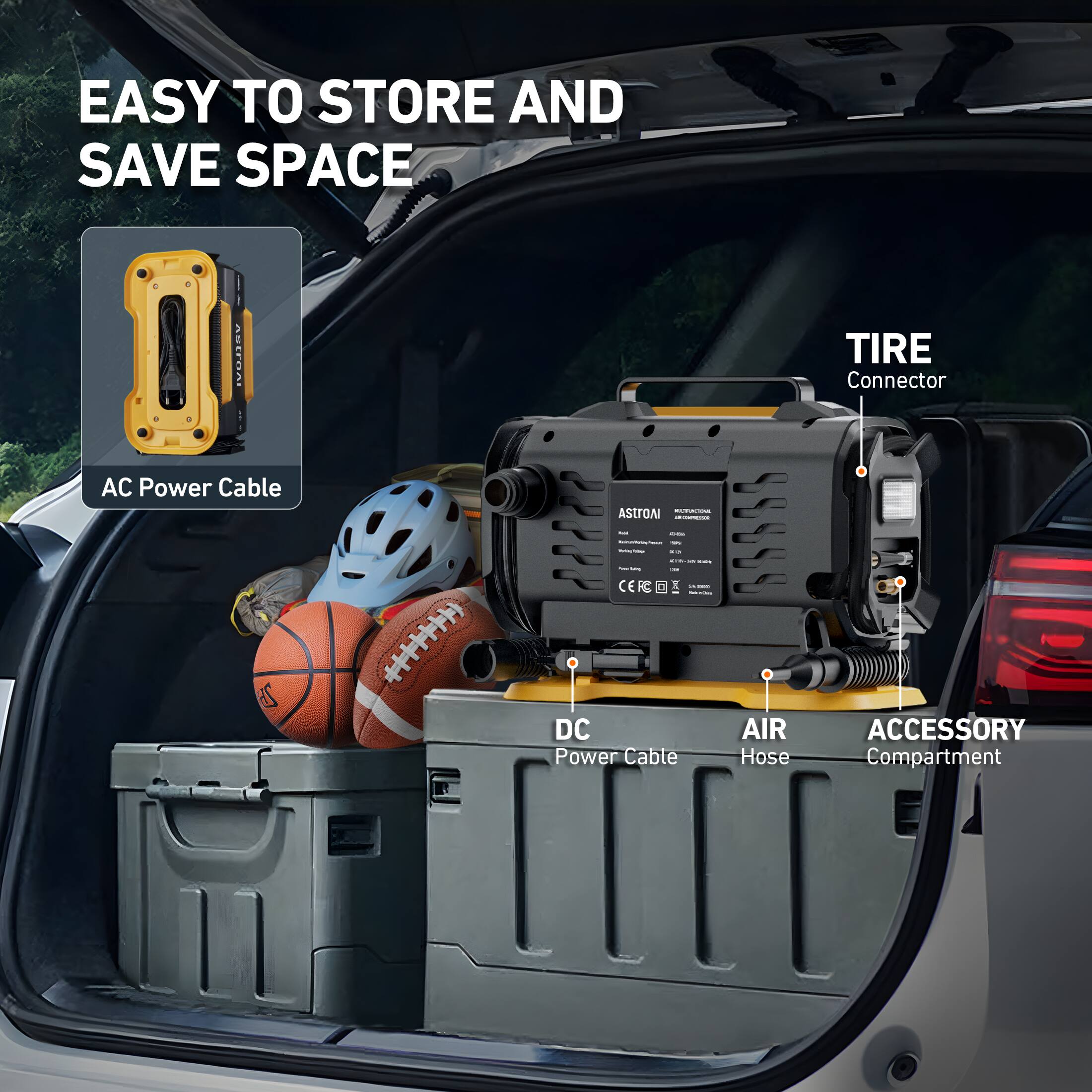 EASY TO STORE AND SAVE SPACE

ASTROAI
TIRE Connector
AC Power Cable
DC Power Cable
AIR Hose
ACCESSORY Compartment