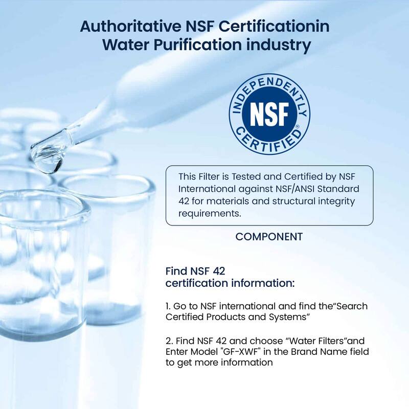 Authoritative NSF Certification in Water Purification Industry

This Filter is Tested and Certified by NSF International against NSF/ANSI Standard 42 for materials and structural integrity requirements.

COMPONENT

Find NSF 42 certification information:
1. Go to NSF International and find the "Search Certified Products and Systems"
2. Find NSF 42 and choose "Water Filters" and Enter Model "GF-XWF" in the Brand Name field to get more information