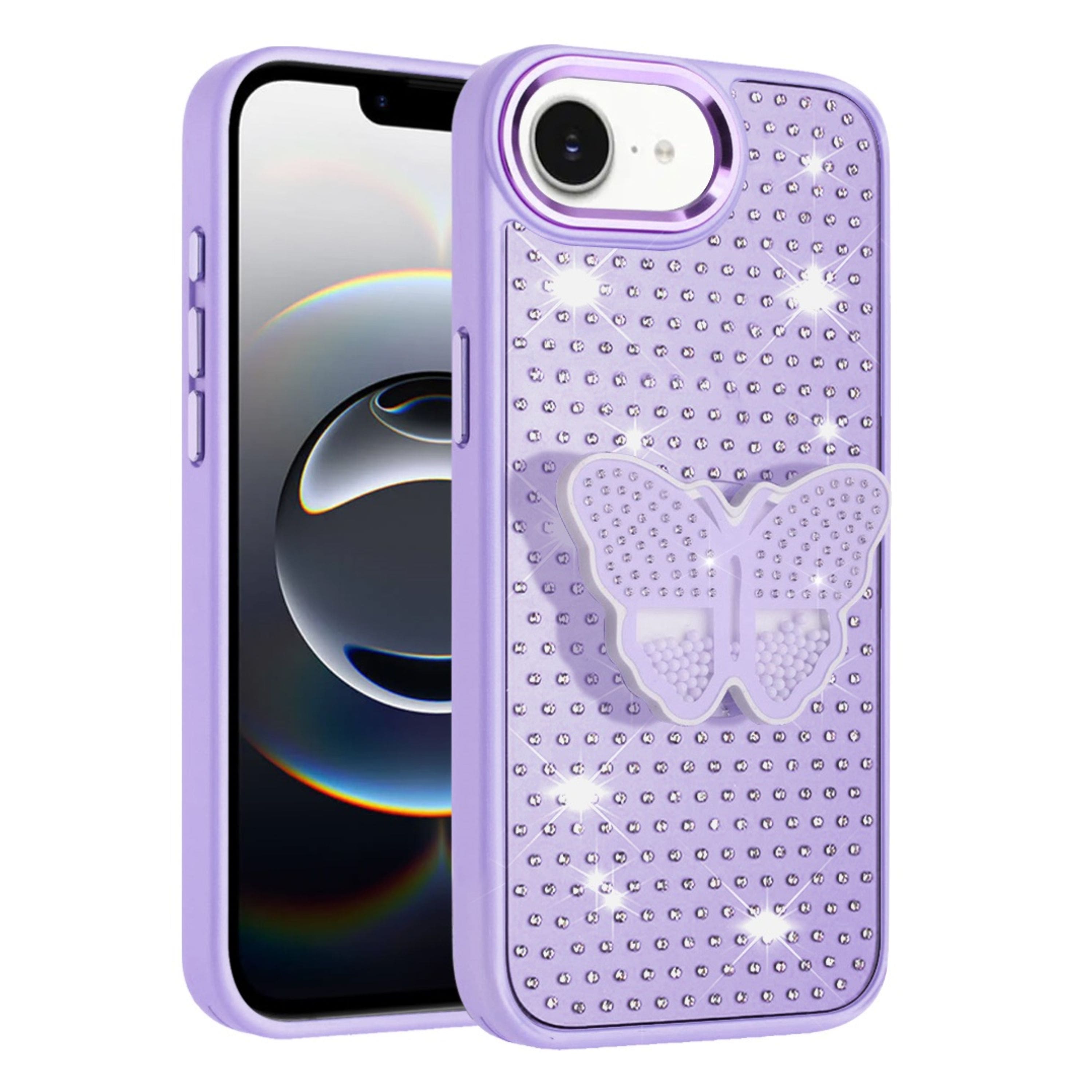 Kitcheniva - Butterfly Grip Stand Faux Crystals Phone Case With Tempered Glass For iPhone 16e/17e - Purple