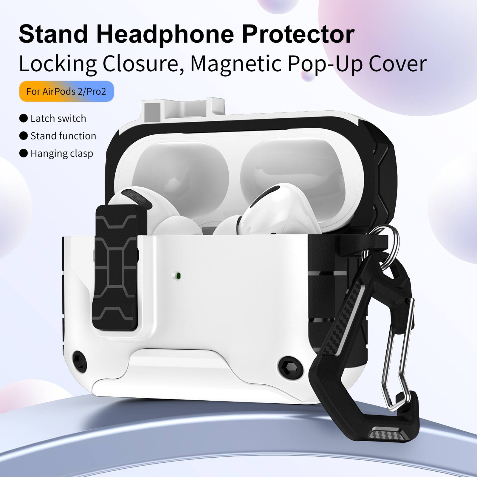 Stand Headphone Protector  
Locking Closure, Magnetic Pop-Up Cover  
For AirPods 2/Pro2  

- Latch switch  
- Stand function  
- Hanging clasp