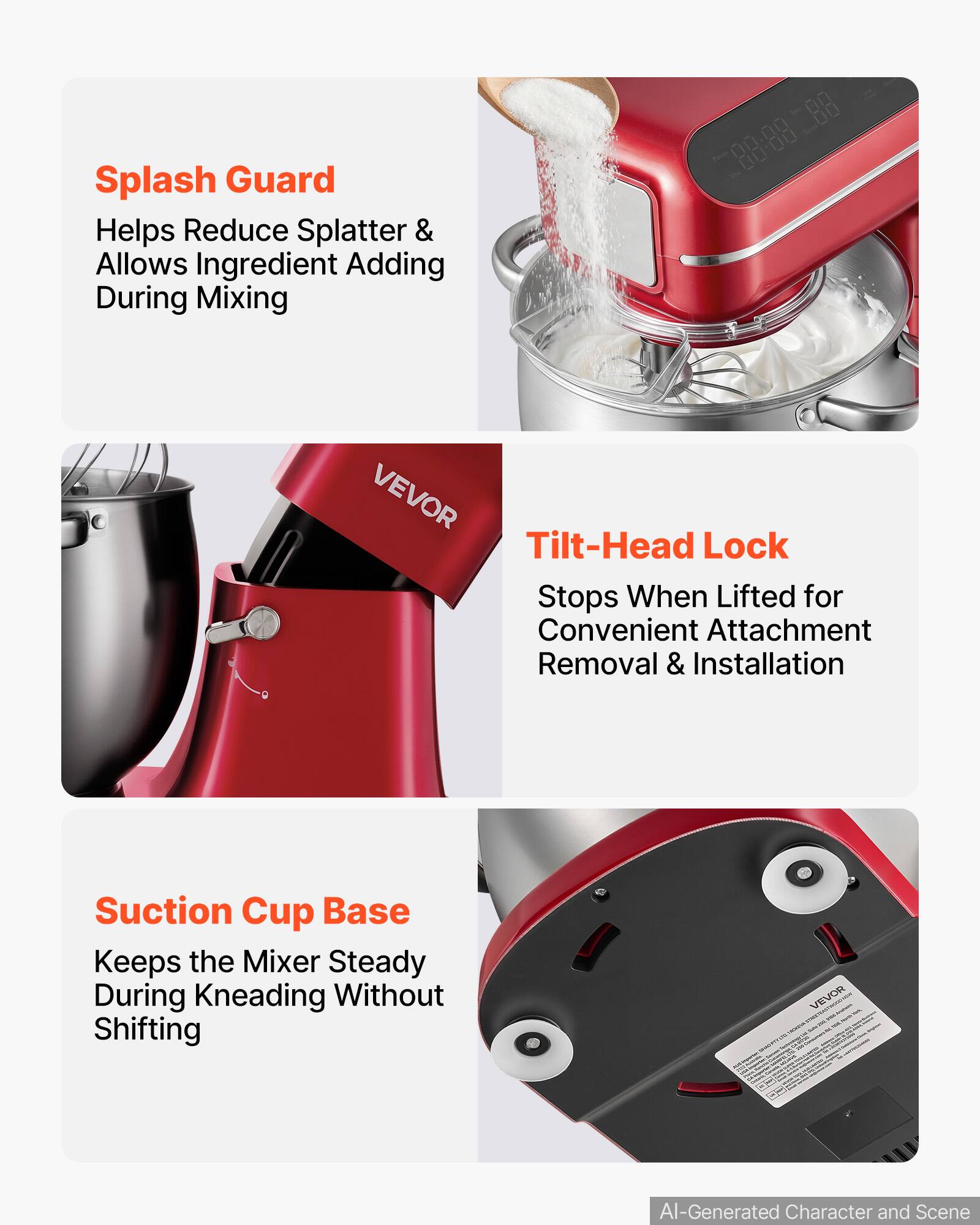 Splash Guard Helps Reduce Splatter & Allows Ingredient Adding During Mixing

Tilt-Head Lock Stops When Lifted for Convenient Attachment Removal & Installation

Suction Cup Base Keeps the Mixer Steady During Kneading Without Shifting

VEVOR

AI-Generated Character and Scene