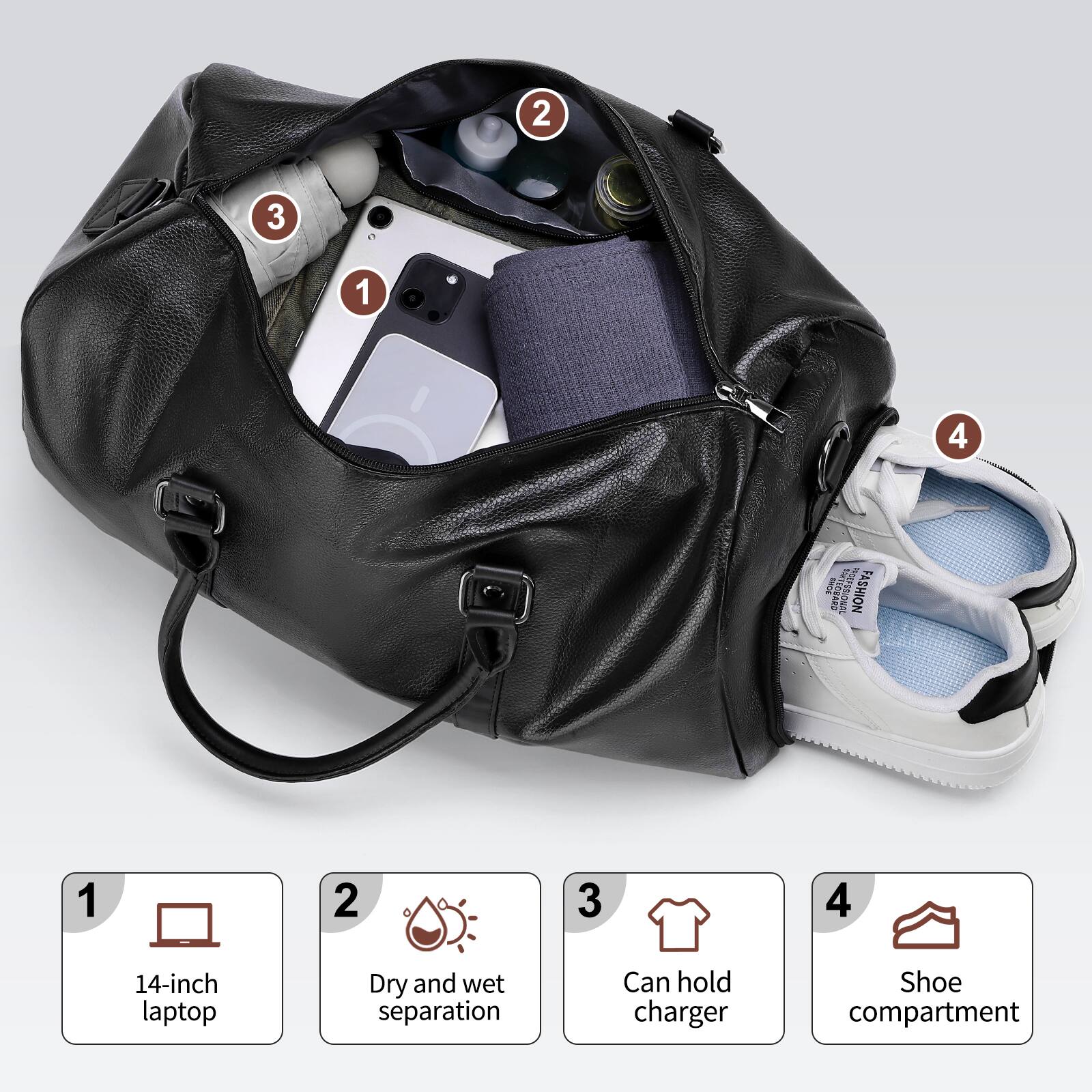 1. 14-inch laptop  
2. Dry and wet separation  
3. Can hold charger  
4. Shoe compartment