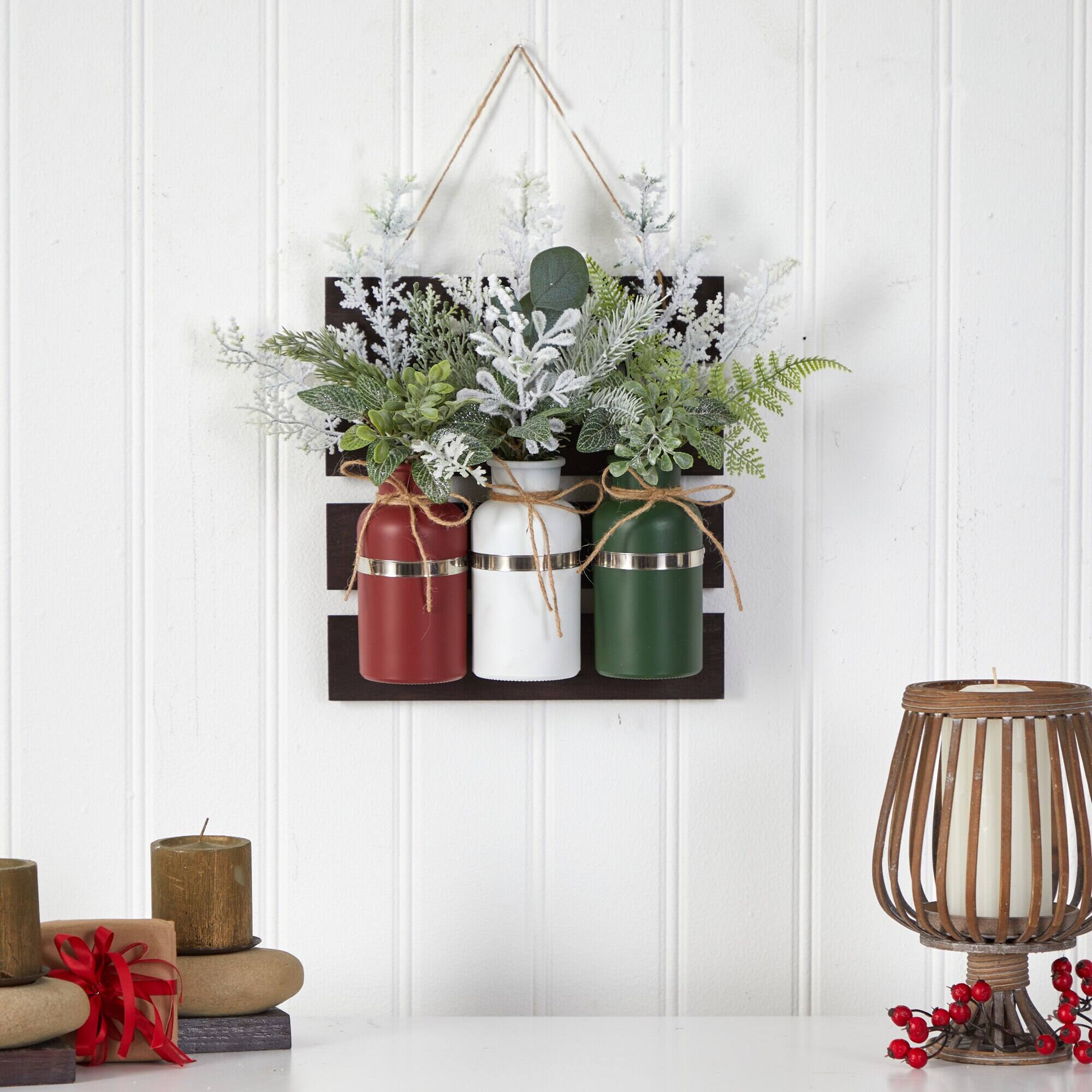 Angle. BreeBe - 5" 3 Piece Hanging Mason Jar Christmas Arrangement - Red.