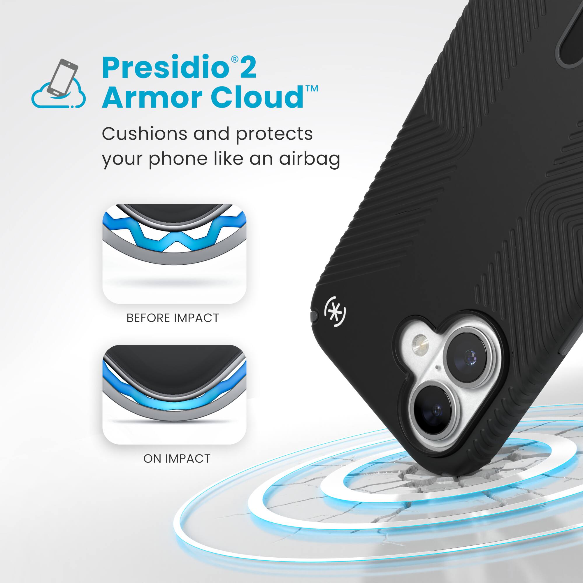 Presidio2 Armor Cloud: Cushions and protects your phone like an airbag BEFORE IMPACT * ON IMPACT.