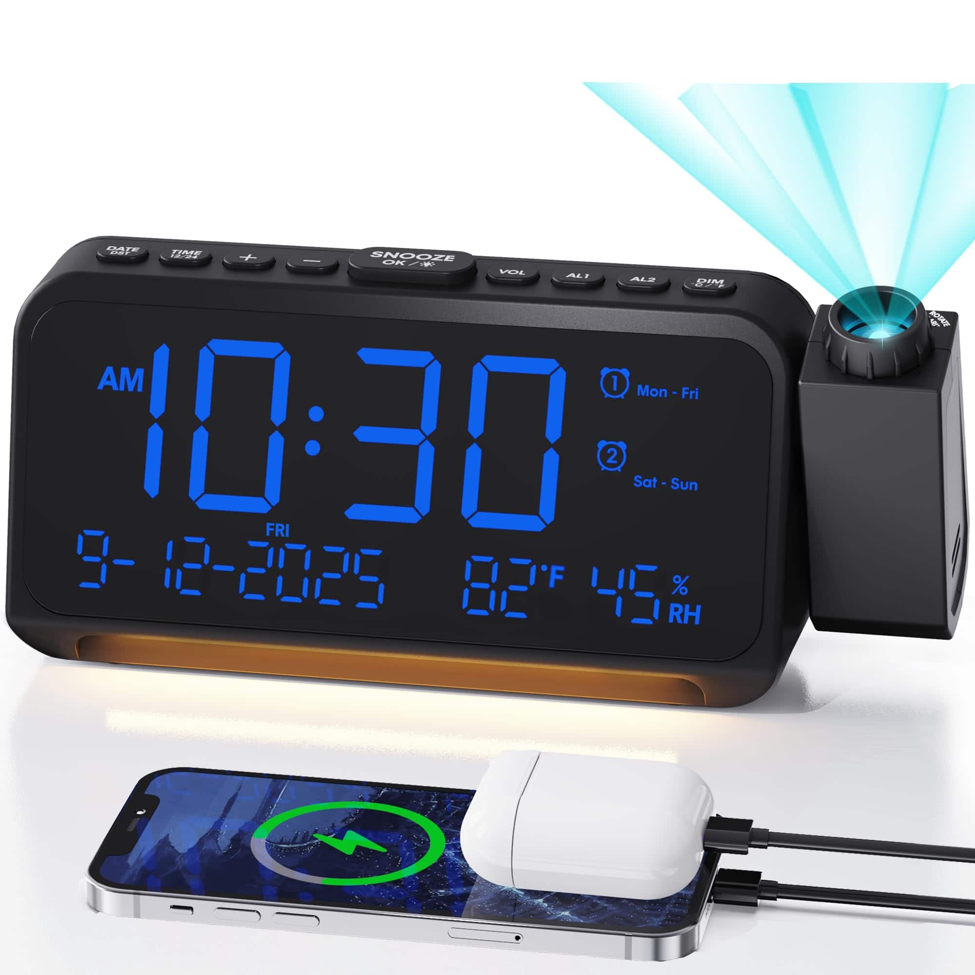 Dazzed Corner - Projection Alarm Clock, 6.7" Dimmable LED Digital Alarm Clock - Black