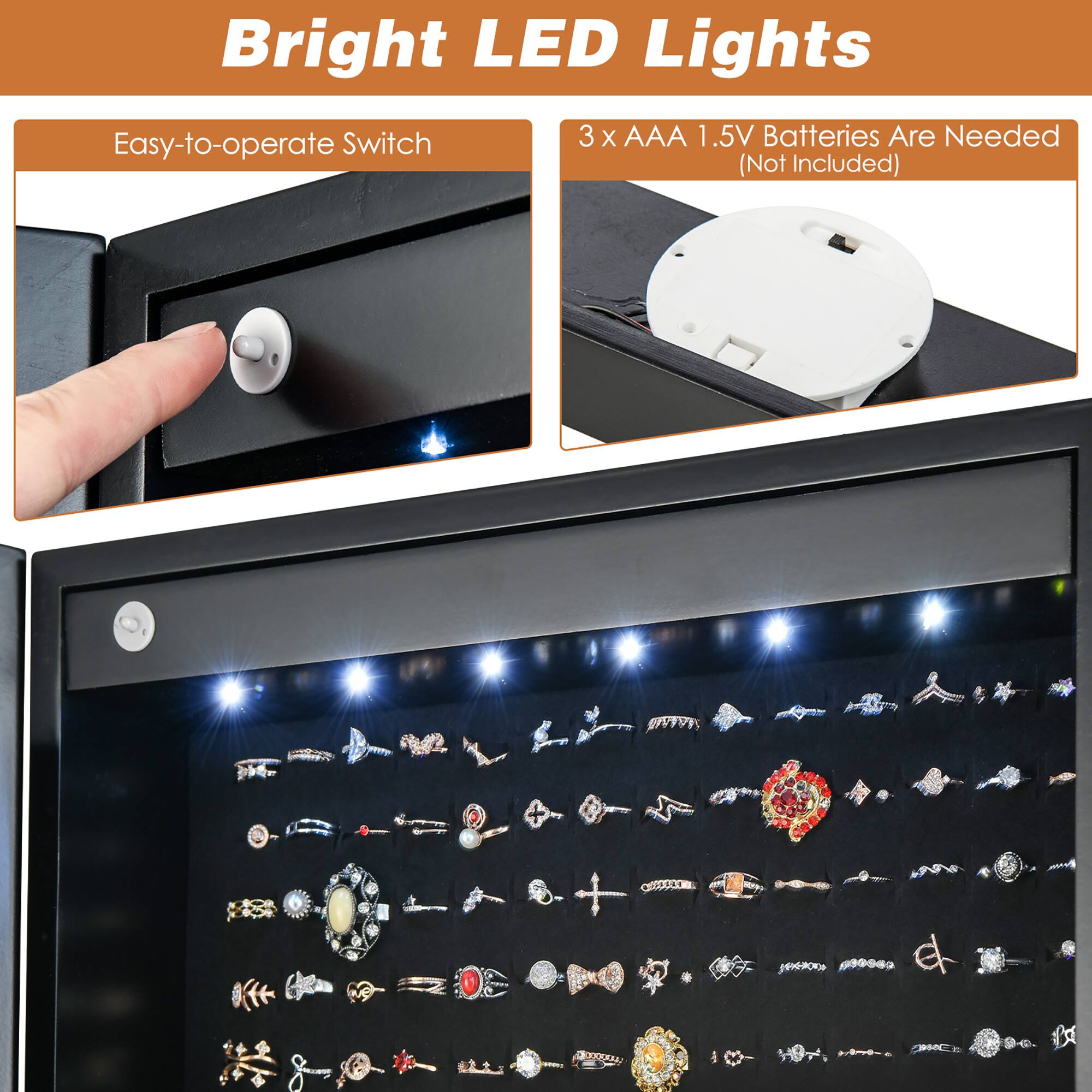 Bright LED Lights

Easy-to-operate Switch

3 x AAA 1.5V Batteries Are Needed (Not Included)