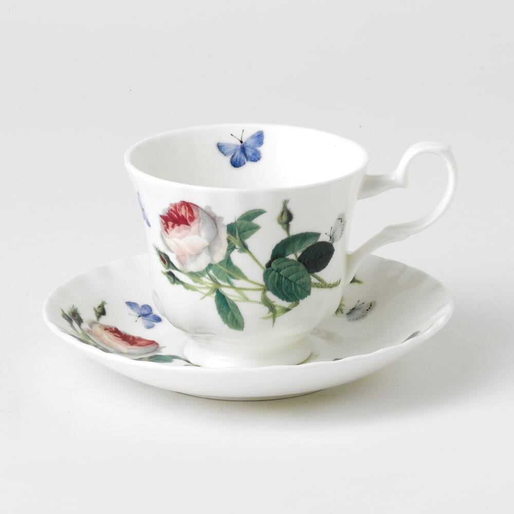 Left. Jiallo - Roy Kirkham TEACUP & SAUCER-PALACE GARDEN  Bone China Made in England Set of 2 - Mutli color.