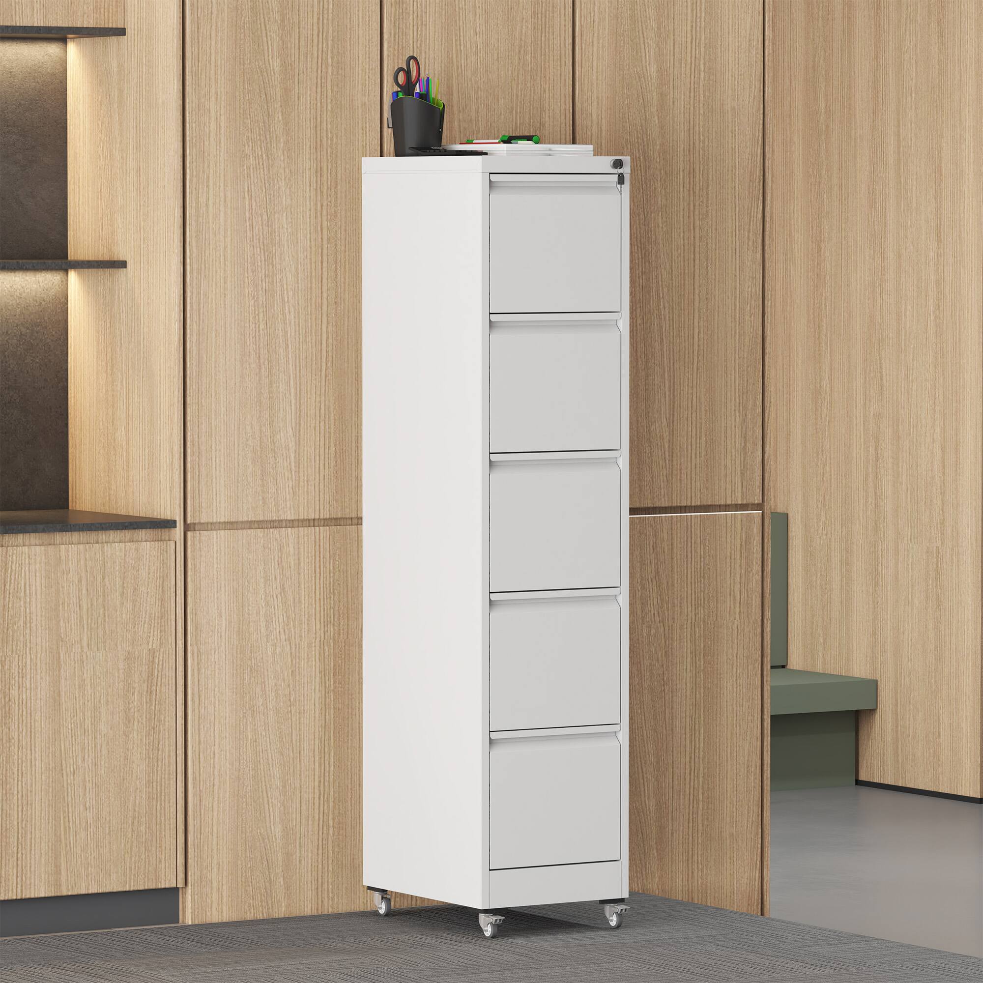 Angle. GOODSILO - 5-Drawer Vertical File Storage Cabinet with Locking System and Removable Wheels for Office Organization - White.