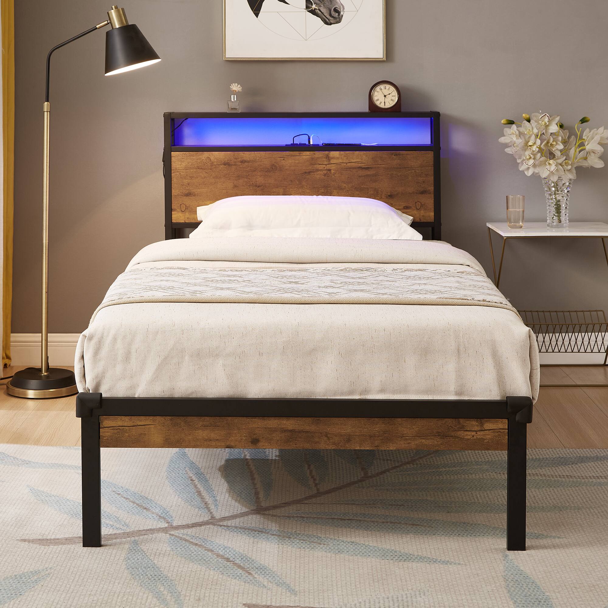 Angle. LUCKY ONE - Twin Size Metal Platform Bed Frame with Wooden Headboard and Footboard,LED Lights - Black+Brown.