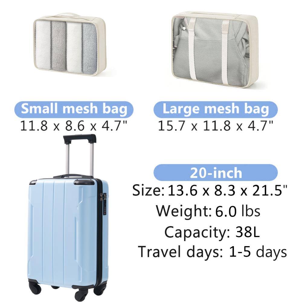 Small mesh bag: 11.8 x 8.6 x 4.7"  
Large mesh bag: 15.7 x 11.8 x 4.7"  

20-inch  
Size: 13.6 x 8.3 x 21.5"  
Weight: 6.0 lbs  
Capacity: 38L  
Travel days: 1-5 days