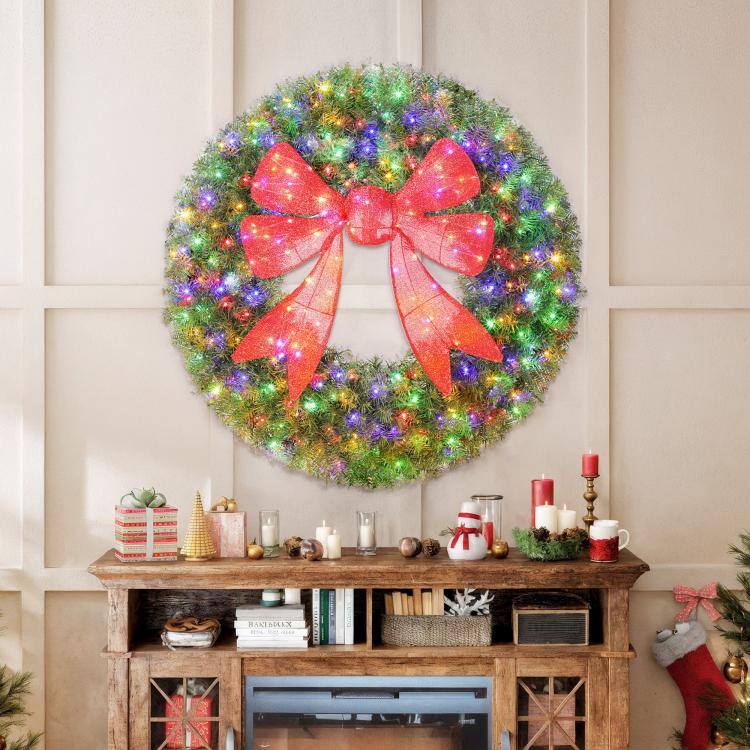 Alt View 1. PULUZ - 60in Pre-Lit Christmas Wreath with 3D Red Bow, 11 Lighting Modes, Front Door Christmas Wreath with Remote - Green.
