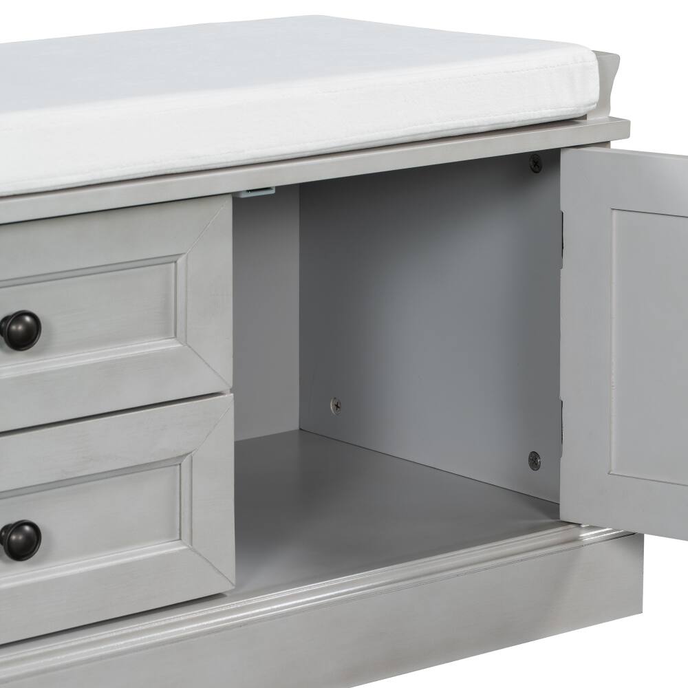 Alt View 2. Ropilly - Ropilly Gray Wash Storage Bench with Cushion, Entryway Shoe Bench with Drawers and Cabinets, Wooden Mudroom Seating - Gray Wash.