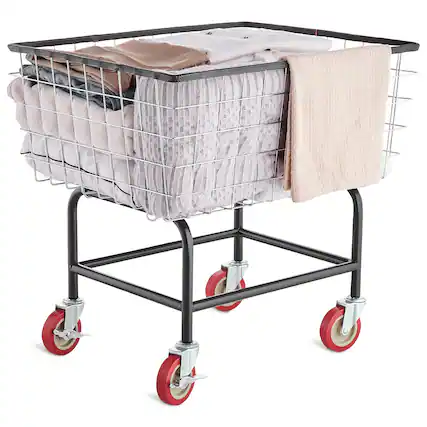 Front. VEVOR - Wire Laundry Cart, 2.8Bushel Wire Laundry Basket with Wheels, 26.7''x21.7''x26.4'' Commercial Wire Laundry Basket Cart - Sliver.
