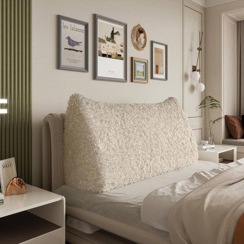 wowmax - King Size Wedge Reading Pillow - Extra Large Curly Plush Headboard Bolster for Sitting Up in Bed - White