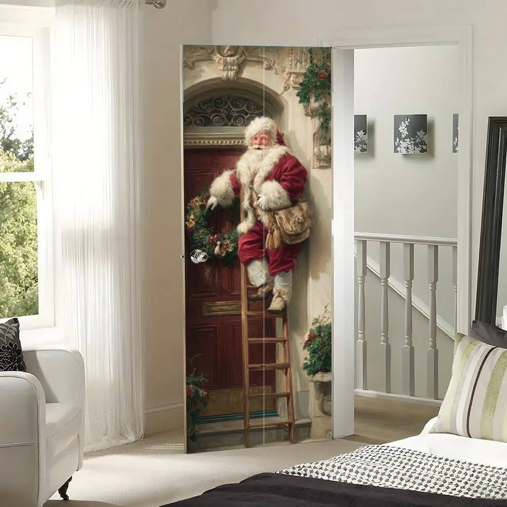 Alt View 1. MOSZAR LLC - Santa Climbing Ladder Door Sticker, 30×78 in, Removable Vinyl Holiday Decor - red.