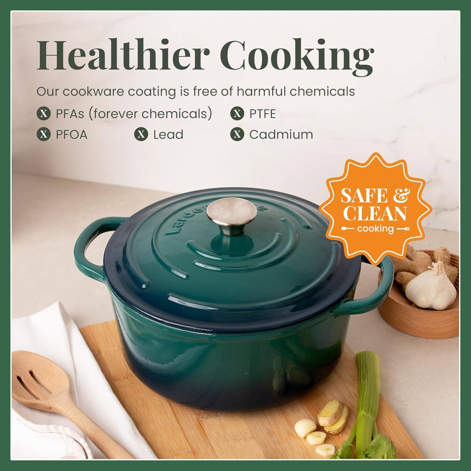 Healthier Cooking

Our cookware coating is free of harmful chemicals
- PFAs (forever chemicals)
- PFOA
- Lead
- Cadmium

SAFE & CLEAN cooking