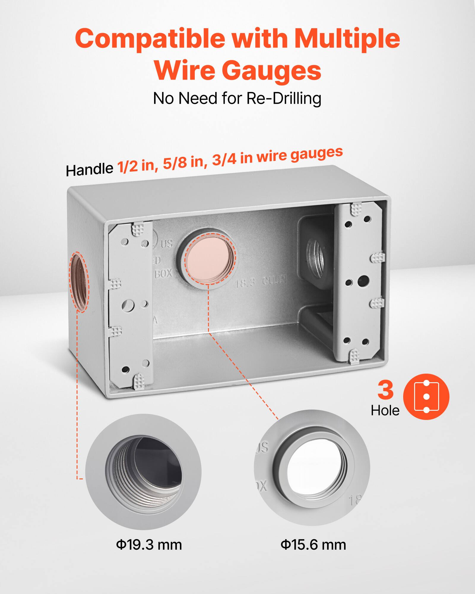 Compatible with Multiple Wire Gauges  
No Need for Re-Drilling  

Handle 1/2 in, 5/8 in, 3/4 in wire gauges  

US D BOX 18.3 QUIN  
3 Hole  
IS X 18  
19.3 mm  
15.6 mm