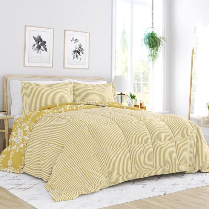 Angle. Hivvago - King Size 3 Piece Yellow Reversible Daisy Medallion Stripped Comforter Set - Yellow.