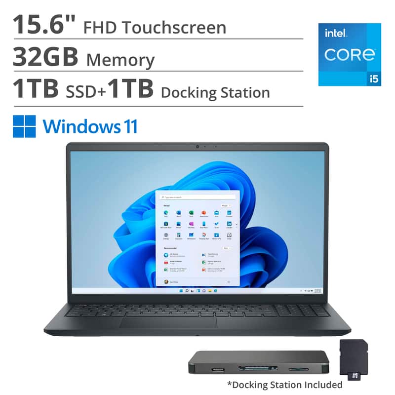 Dell - 15.6" 2K Touch Laptop,Intel i5 1334U,32GB RAM,1TB SSD+1TB Dock Set,Intel UHD GPU,Numeric Pad,Win 11 - Black